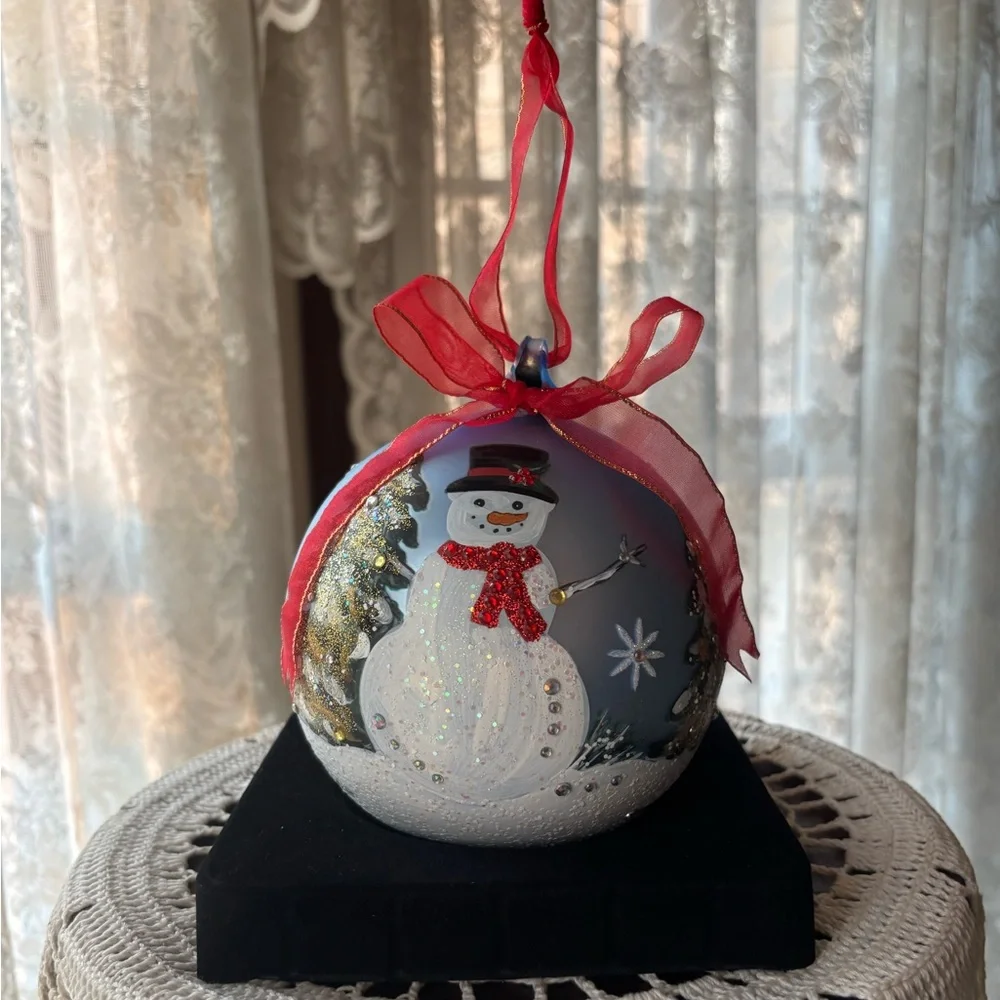 Hand Painted Glass Ornament Vintage Christmas Snowman Large Jumbo Tree Decor